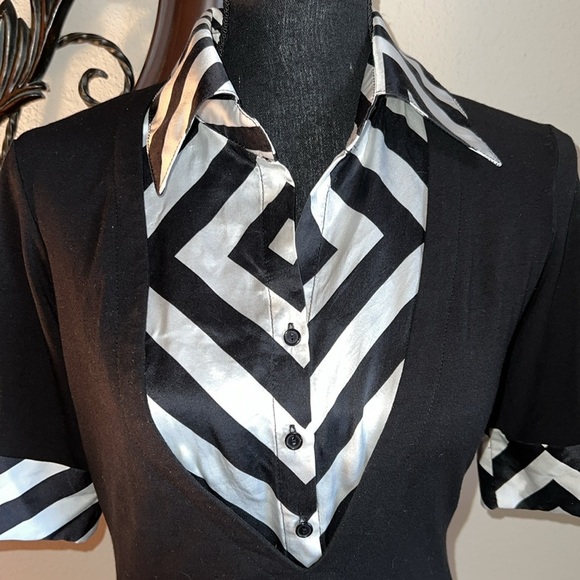 Cache Women’s Black White 100% Silk Accent Pullover Shortsleeved Top Medium - Picture 2 of 12